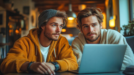 Poster - Two young men using a laptop in a cozy home setting, engaged in an online activity