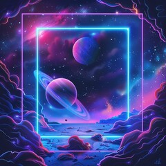Wall Mural - A vibrant cosmic scene featuring planets, rings, and colorful clouds in a surreal space setting.