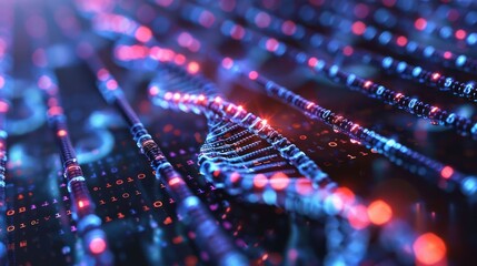 Poster - Abstract representation of digital data intertwined with DNA strands, showcasing technology's impact on science