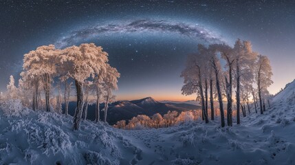 Wall Mural - Snowy landscape with Milky Way arch over frosted trees and mountains at sunset.