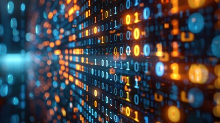 Poster - Abstract digital background with glowing binary code and data flow, symbolizing technology and innovation