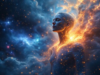 a cosmic silhouette radiating energy amidst a starry universe.