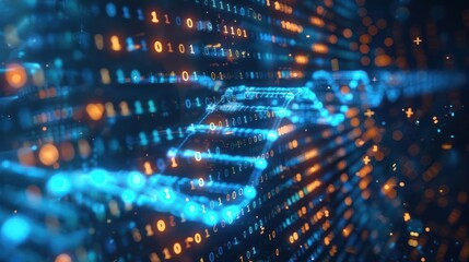 Poster - Abstract digital data visualization with glowing binary code and wave patterns in a tech environment