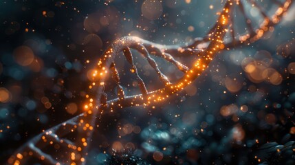 Poster - Abstract representation of DNA strands illuminated by glowing particles in a dark environment
