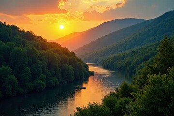 Wall Mural - Dense forest and winding river under a golden sunset, foliage, calm, river