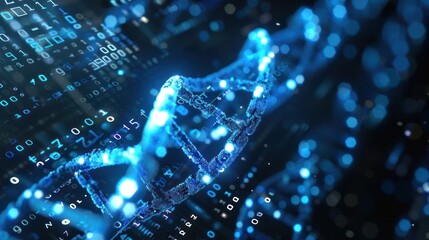 Poster - Abstract representation of DNA strands intertwined with digital data, symbolizing biotechnology advancements