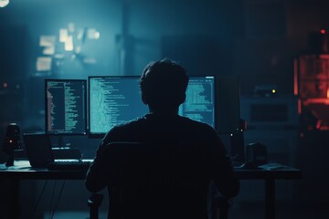 Poster - Programmer working late in a dimly lit room filled with computer screens