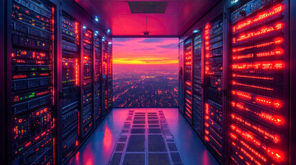 Poster - A futuristic server room with glowing red lights, overlooking a vibrant city skyline at sunset