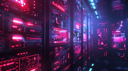 Poster - Futuristic data center with illuminated servers and vibrant digital interfaces in a tech environment