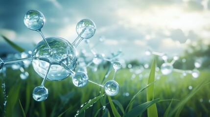 Poster - 3D futuristic water molecule in a serene field, merging technology with global conservation efforts