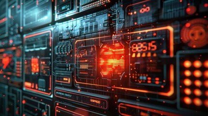 Poster - Futuristic digital interface with glowing elements and data visualization in a tech environment