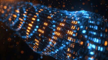 Poster - Abstract representation of flowing binary data with glowing particles in a digital environment