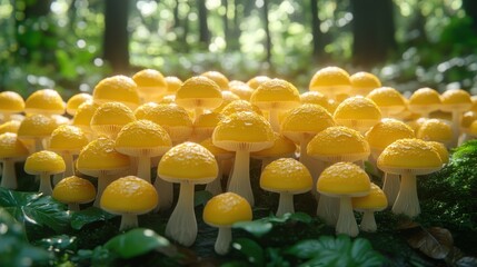 Canvas Print - Dewy Yellow Mushrooms Cluster in Forest