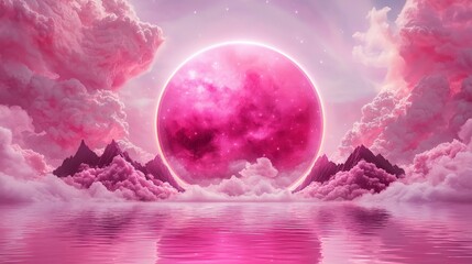 Poster - Ethereal Pink Landscape with Dreamy Clouds and Reflective Water Under a Cosmic Sunset Sky