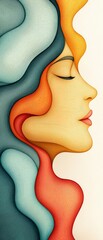 Poster - Abstract Profile of a Woman with Colorful Waves and Smooth Lines in Soft Pastel Tones