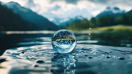 Poster - Artistic water molecule in a natural landscape, representing sustainable water use and environmental care