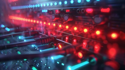 Poster - Close-up view of illuminated circuit board with vibrant LED lights and intricate wiring