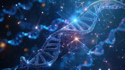 Poster - Close-up view of a glowing DNA double helix structure amidst a cosmic background of stars