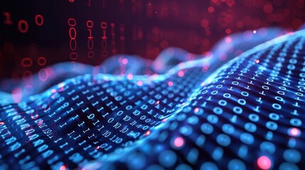 Poster - Abstract digital landscape with binary code flowing over waves in a vibrant, tech-inspired background