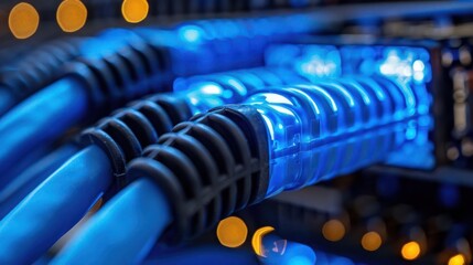 Poster - Close-up view of illuminated blue network cables connected to a server, with blurred lights in the background