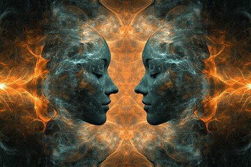 Poster - Digital artwork depicting two ethereal faces merging with vibrant colors and abstract swirls in a cosmic setting. Generative AI