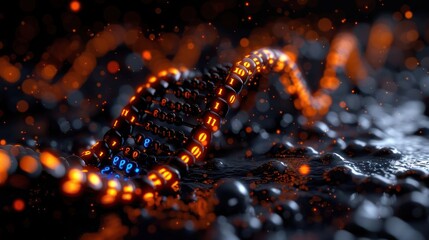 Poster - Abstract representation of a glowing DNA strand in a dark, textured environment with bokeh effects