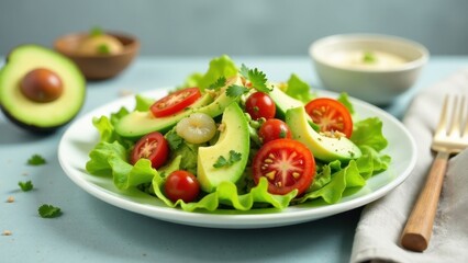 Wall Mural - Refreshing Avocado and Tomato Salad with Creamy Dressing, a Delightful and Healthy Meal Option