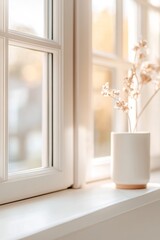 Poster - This close-up features a clean window frame providing a glimpse of a peaceful neighborhood bathed in soft, natural light. The space invites tranquility and comfort, perfect for relaxation