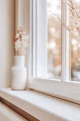 Poster - A close-up of a pristine window frame reveals a peaceful neighborhood outside, softly illuminated by natural light. The clean design invites a sense of tranquility