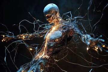 Poster - Metallic figure surrounded by glowing wires represents the fusion of technology and art in a dark setting. Generative AI