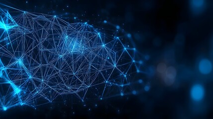 Poster - Glowing Abstract Network Design with Interconnected Data Links Visualizing Cyber Processing  Futuristic digital technology concept featuring a dynamic system of blue nodes and data connections