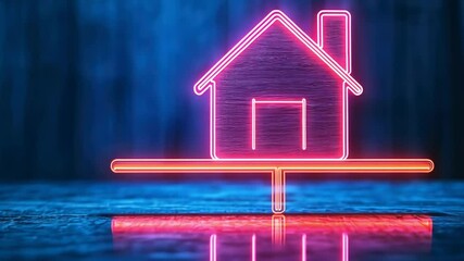 Poster - Neon House Icon with Reflection on Glossy Surface in a Dark Background