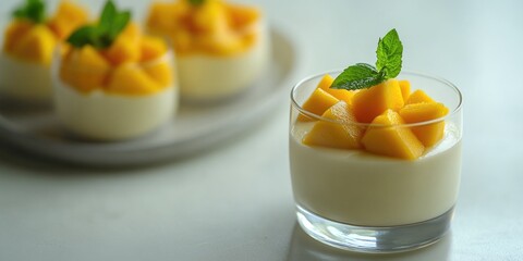 Sticker - A glass of mango pudding with a green leaf on top. The dessert is served on a white plate