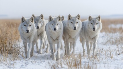  Arctic wolves pack walking snowy field, winter wildlife