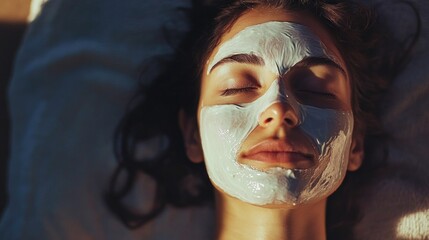 Wall Mural - The image depicts a woman in deep relaxation, lying down with her eyes closed, having a facial mask applied. This suggests themes of self-care, wellness, beauty and serenity.