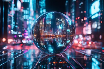  - Reflective sphere on a city street at night showcasing vibrant neon lights and urban architecture. Generative AI