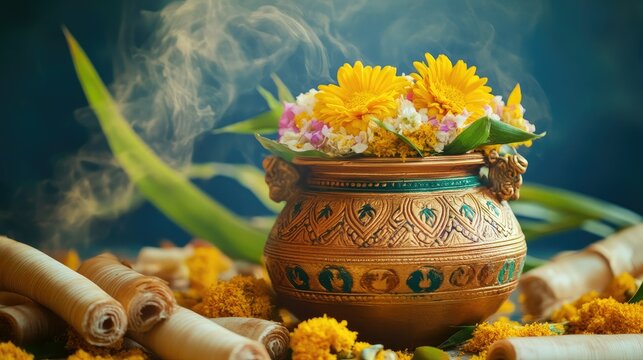 Vibrant Pongal pot with traditional decorations amidst sugarcane and flowers, symbolizing South Indian heritage