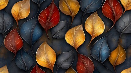 Poster - Stunning seamless decorative pattern featuring a beautiful blend of 3D abstract leaves in vibrant autumn colors with detailed textures and design elements
