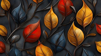 Poster - Captivating 3D abstract autumn leaves pattern featuring a blend of vibrant hues and intricate textures creating a seamless and decorative background