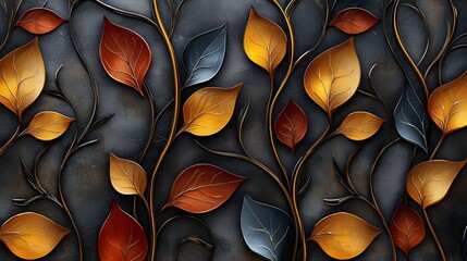 Poster - Captivating fantasy inspired seamless decorative 3D leaves pattern with glowing accents and an elegant organic flow