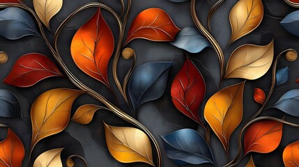 Poster - Elegant and Vibrant Seamless 3D Leaf Pattern for Sophisticated Interior Design and Decorative Background  This abstract digital features a dynamic and contemporary botanical motif