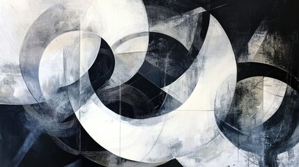 Aufkleber - White and black circular patterns overlapping in a dynamic abstract composition