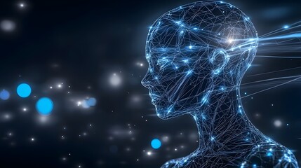 Poster - Abstract digital silhouette with illuminated lines and geometric patterns representing advanced technology and data processing in a futuristic background