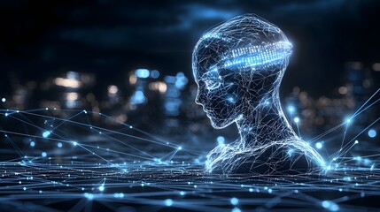 Fototapete - Innovative abstract silhouette design with glowing light effects and a technological grid representing the future of intelligence and digital innovation
