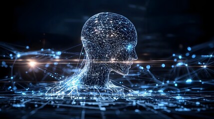 Fototapete - Innovative Futuristic Silhouette Design with Glowing Technological Grid Representing the Future of Intelligence and Digital Technology