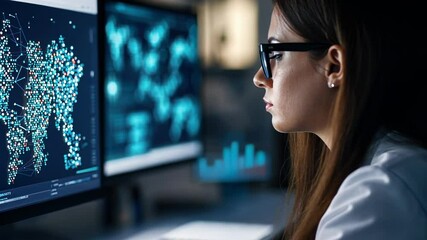 Poster - Professional Woman Analyzing Data on Computer Screens in Modern Office Environment