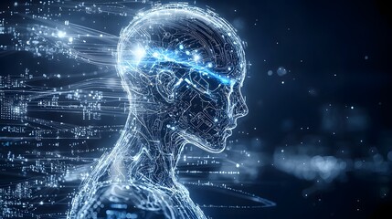 Fototapete - Futuristic Intelligence Design with Glowing Human like Silhouette Embedded with Circuits and Algorithmic Patterns Against a Visionary Background
