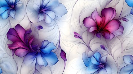 Aufkleber - Enchanting seamless pattern featuring a mystical arrangement of vibrant purple and soft blue flowers with delicate textures and a beautiful abstract aesthetic background