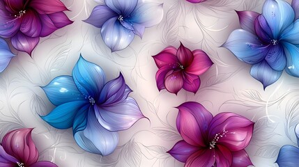 Poster - Captivating seamless pattern of fantastical purple and blue flowers glowing softly in a dreamlike mystical arrangement with a peaceful enchanting background