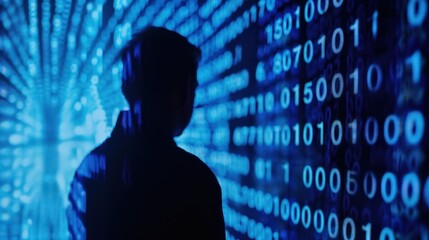 Silhouette of a person in front of a digital code wall